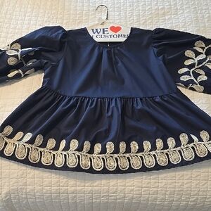 She + Sky Navy Blue Blouse with White Embroidery